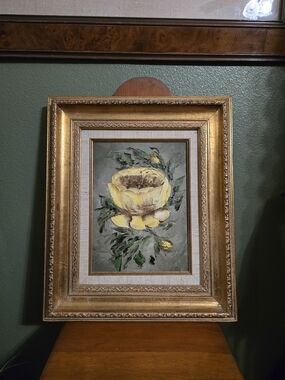 Framed Yellow Rose Oil Painting 16x19